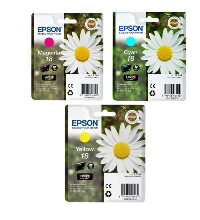Epson 18 Pack de 3 couleurs Cartouches d'encre d'origine Epson 18 Pack de 3 couleurs Cartouches d'encre d'origine