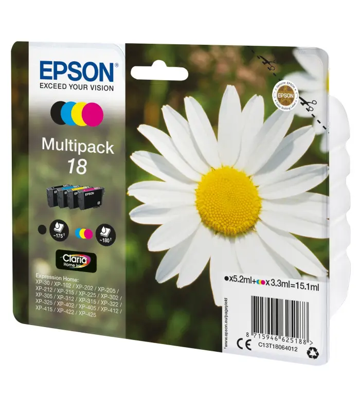 Epson 18 Noir couleur Pack de 4 Cartouches d'encre d'origine