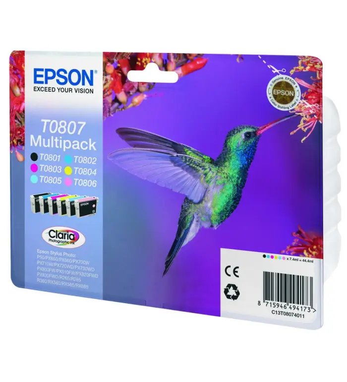 EPSON T0807 Colibri Noir couleur Pack de 6 Cartouches d'encre d'origine