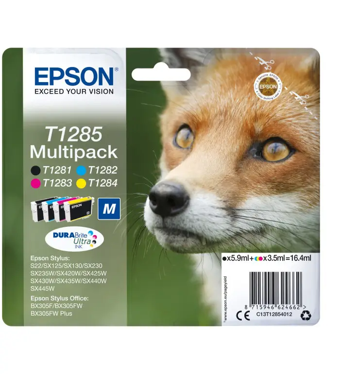 EPSON T1285 Noir couleur Renard Pack de 4 cartouches d'encre d'origine