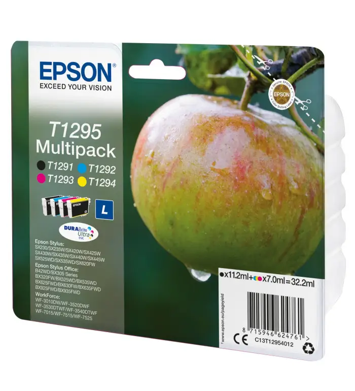 EPSON T1295 Noir couleur Pomme Pack de 4 cartouches d'encre d'origine