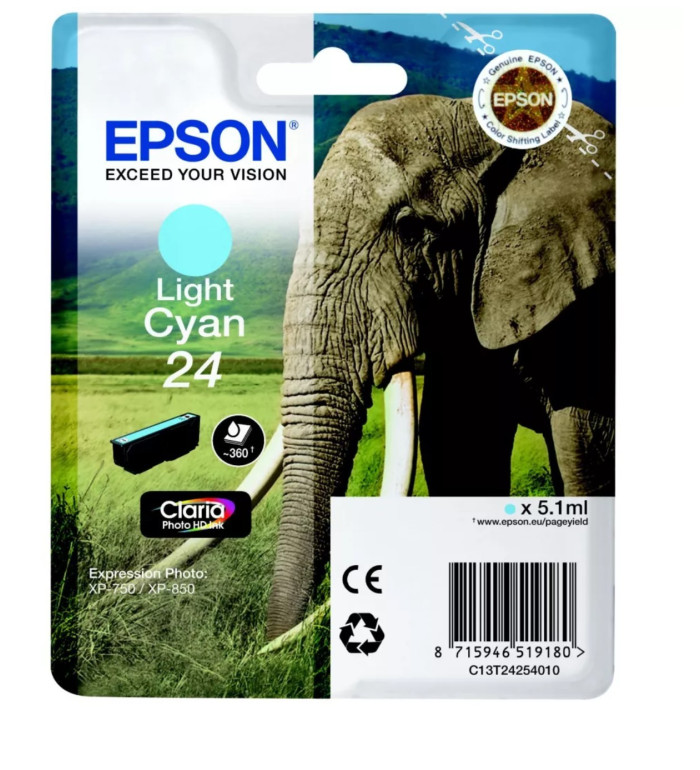 Epson 24 Cyan clair Éléphant Cartouche d'encre d'origine Epson 24 Cyan clair Éléphant Cartouche d'encre d'origine