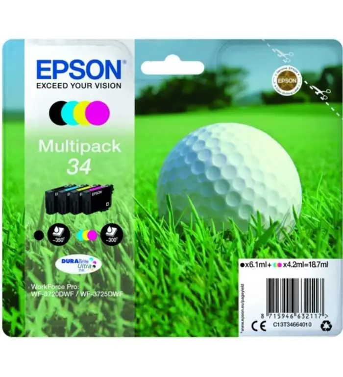 Epson 34 Noir et couleur Balle de golf Pack de 4 Cartouches d'encre d'origine