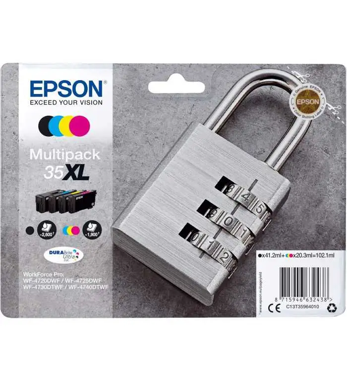 Epson 35XL Noir couleur Cadenas Multipack de 4 Cartouches d'encre d'origine Epson 35XL Noir couleur Cadenas Multipack de 4 Cartouches d'encre d'origine