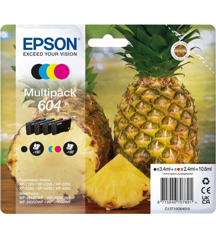 Epson 604 Ananas Noir couleur Pack de 4 Cartouches d'encre d'origine Epson 604 Ananas Noir couleur Pack de 4 Cartouches d'encre d'origine
