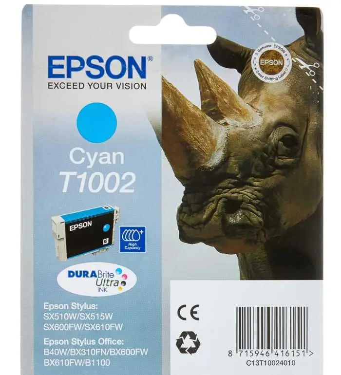 Epson T1002 Cyan Rhinocéros Cartouche d'encre d'origine Epson T1002 Cyan Rhinocéros Cartouche d'encre d'origine