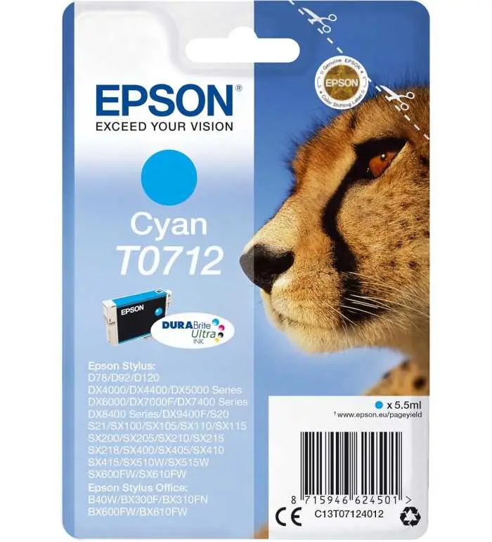 Epson T0712 Cyan Guépard Cartouche d'encre d'origine Epson T0712 Cyan Guépard Cartouche d'encre d'origine