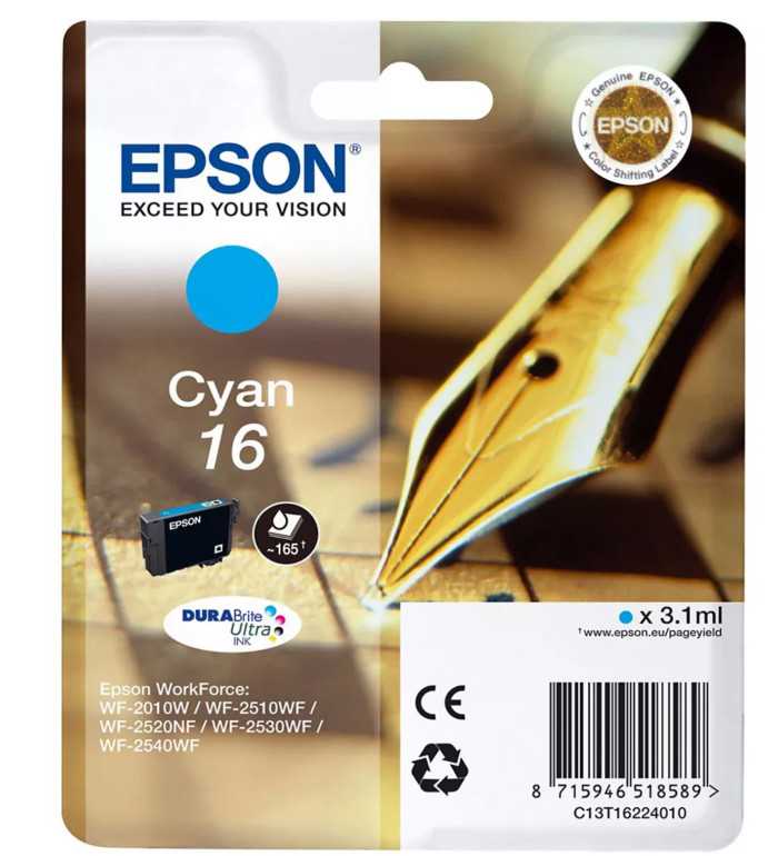 Epson 16 Cyan Stylo Plume Cartouche d'encre d'origine Epson 16 Cyan Stylo Plume Cartouche d'encre d'origine