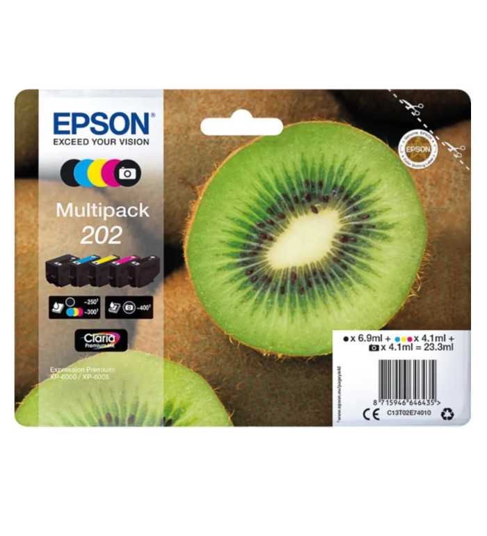 Epson 202 Noir couleur Kiwi Pack de 5 Cartouches d'encre d'origine