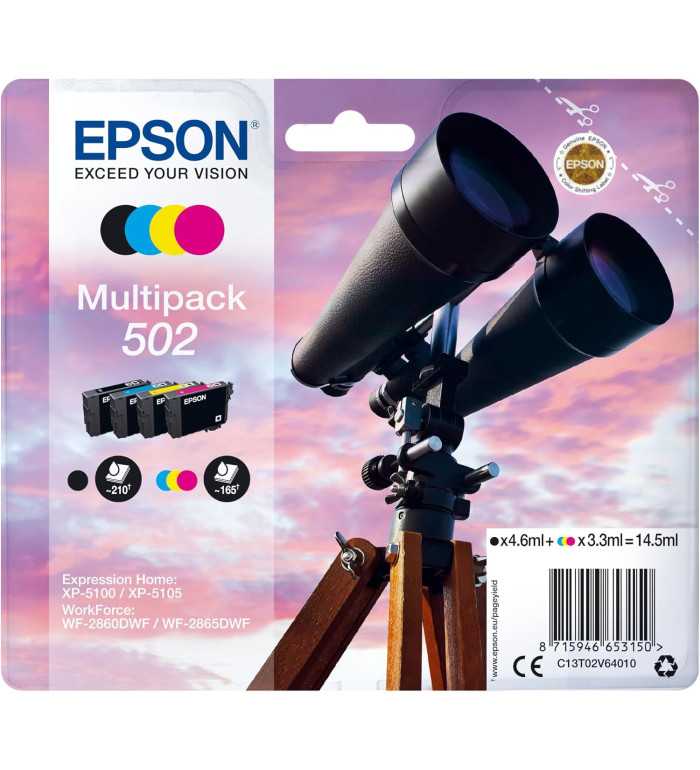 Epson 502 Noir couleur Jumelles Multipack de 4 Cartouches d'encre d'origine Epson 502 Noir couleur Jumelles Multipack de 4 Cartouches d'encre d'origine