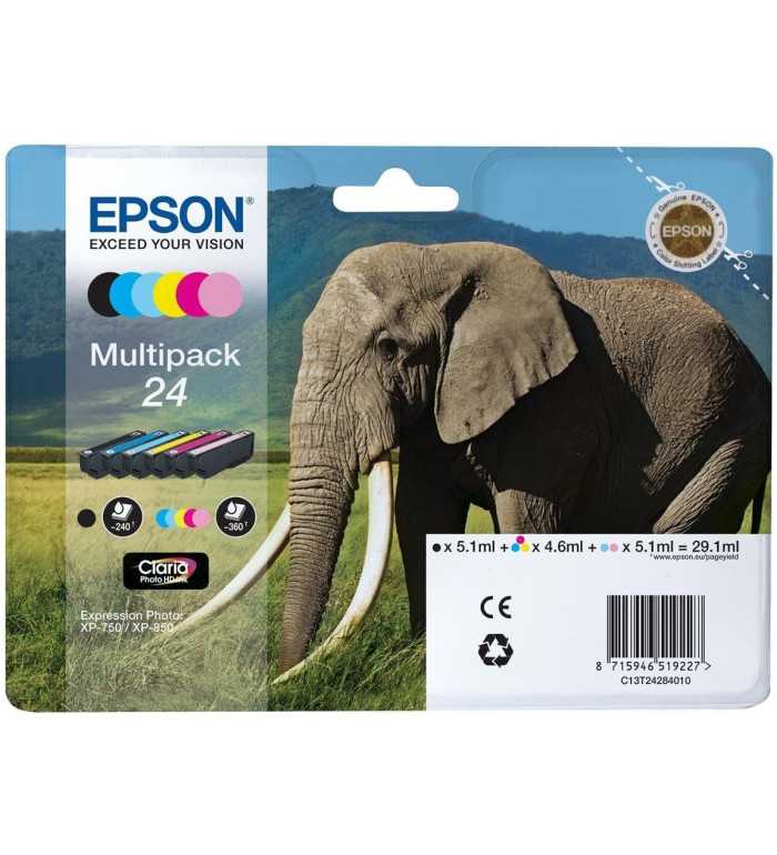 Epson 24 Noir couleur Éléphant Pack de 6 Cartouches d'encre d'origine