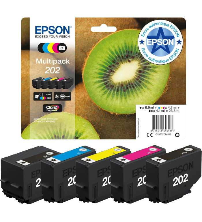 Epson 202 Noir couleur Kiwi Pack de 5 Cartouches d'encre d'origine
