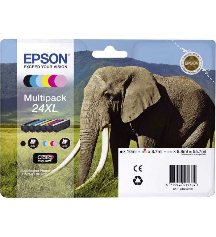 Epson 24XL Noir couleur Éléphant Pack de 6 Cartouches d'encre d'origine Epson 24XL Noir couleur Éléphant Pack de 6 Cartouches d'encre d'origine