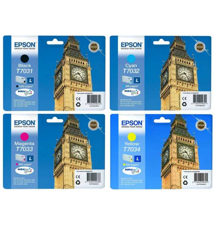 Epson T7031/7032/7033/7034 Big Ben Pack de 4 Cartouches d'encre d'origine Epson T7031/7032/7033/7034 Big Ben Pack de 4 Cartouches d'encre d'origine