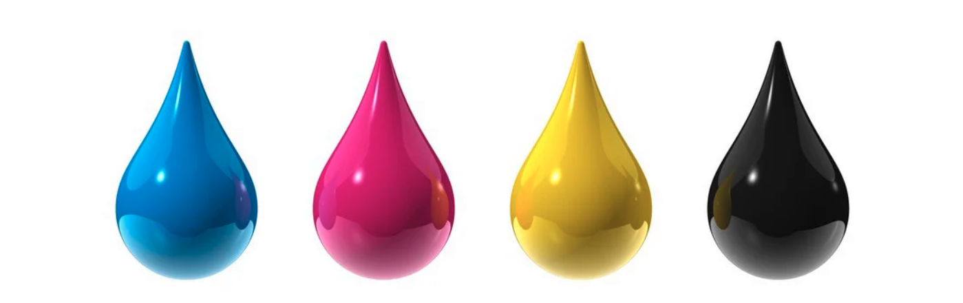Gouttes d'encre noir cyan magenta jaune